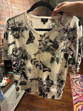 Talbots White & Black Floral Butterfly Short Sleeve *** Cashmere*** Cardigan